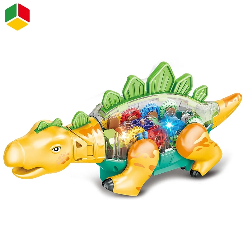 QS Custom Printed Children Preschool Educational Toys Transparent Body B/O Electric Gear Dinosaur Toy With Light Music