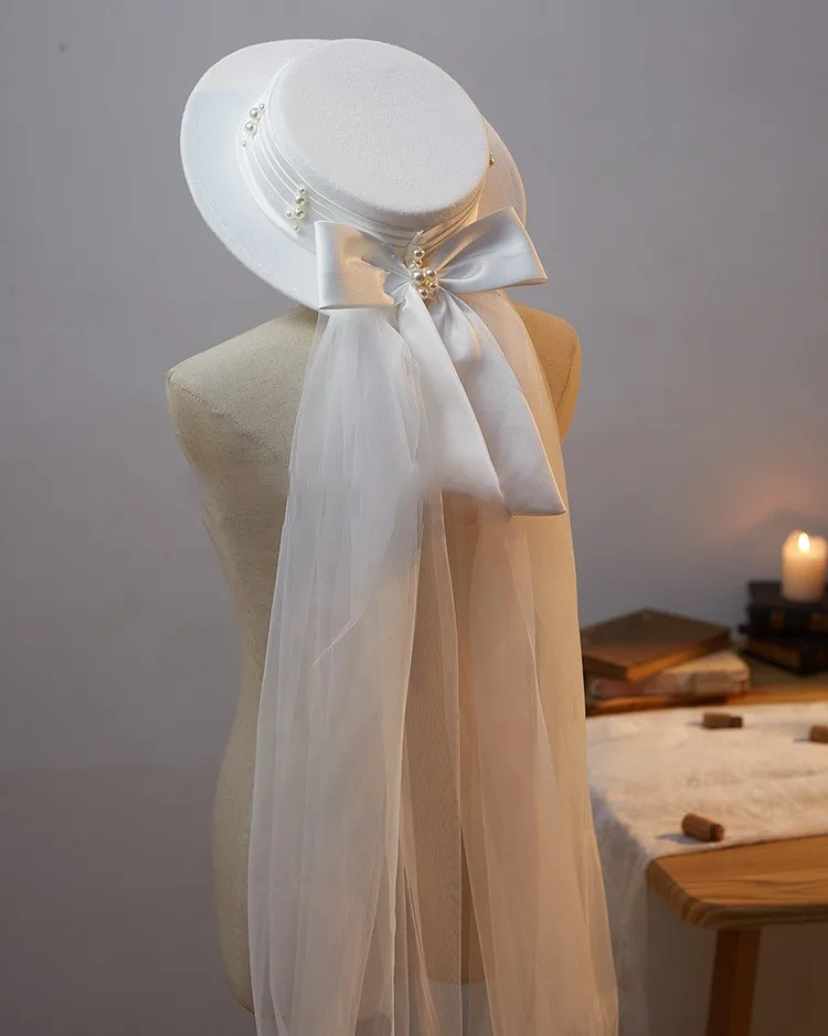 New French top hat veil vintage wool tweed elegant white bow hat Hair accessories royal househ long yarn flower top hat