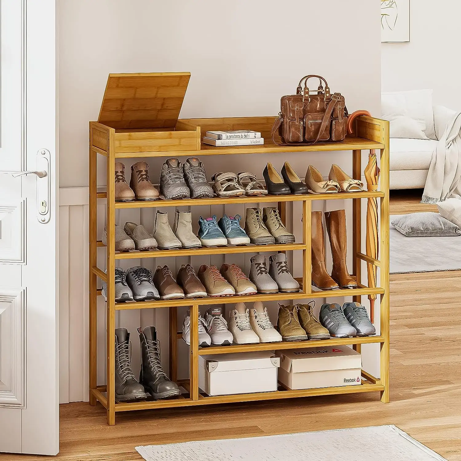 Portable Natural bamboo 6 tiers Shoe Organizer with Small Storage Box for entryway 3 colors