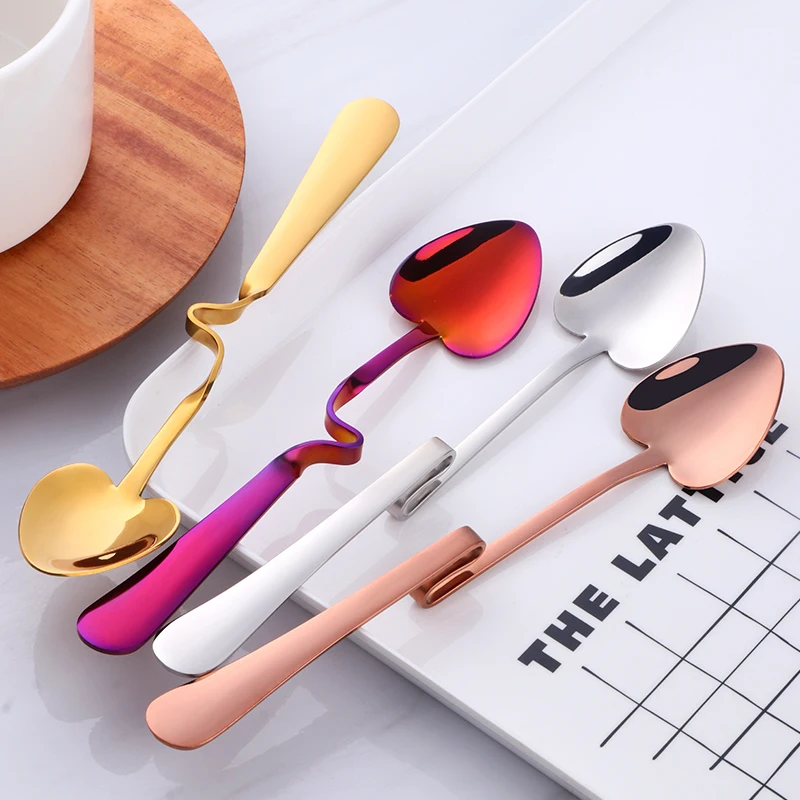 Hot Items  Rainbow Gold Titanium Metal Heart Shape Bent Coffee Spoon