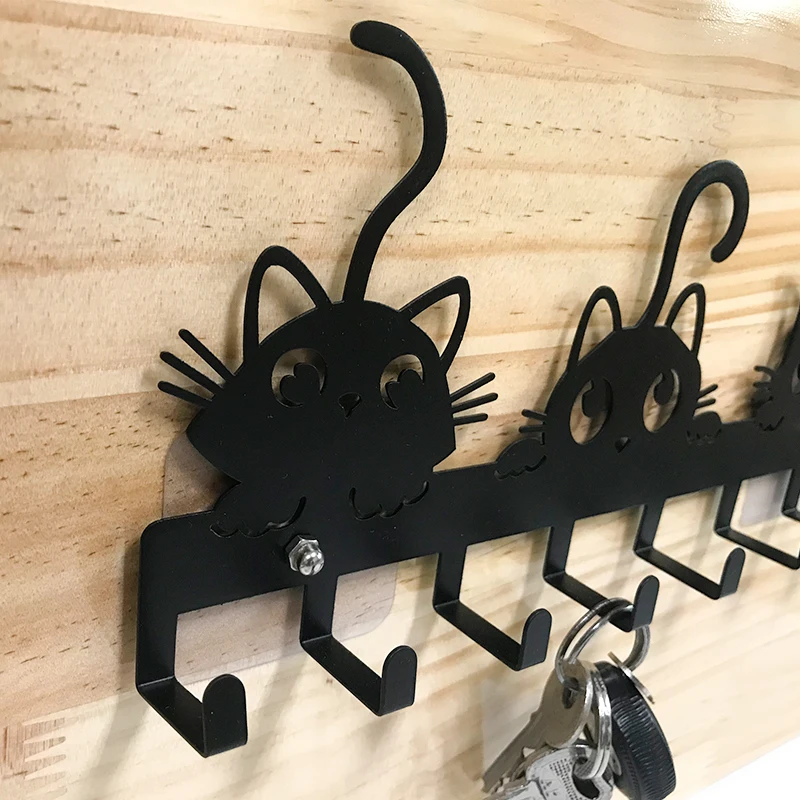Key Holder for Wall Modern Style Hanger Wall Mount and Adhesive Sticky Animal Cat Hook for Home Entryway Metal Iron Matt Black