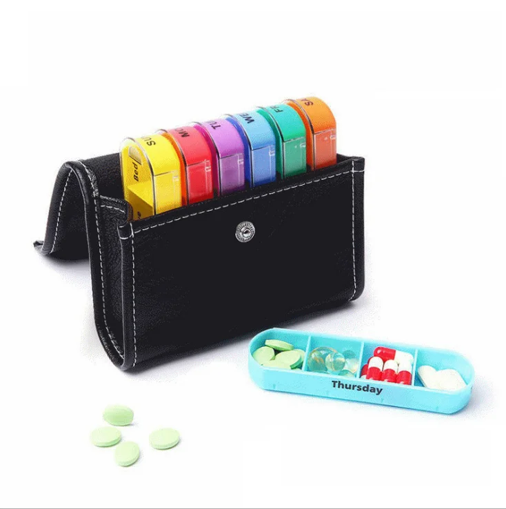 Hot Sales Travel  Wallet Weekly Pill Box/Pill Case/Pill Organizer With Leather PU Bag, 28 Compartments
