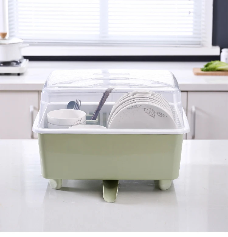 
Hot sale Plate Dish Bowl Cups Spoon Storage Rack Drainer Plastic Dish Drying Rack Kitchen Drying Drainer Dish Rack With Cover 
