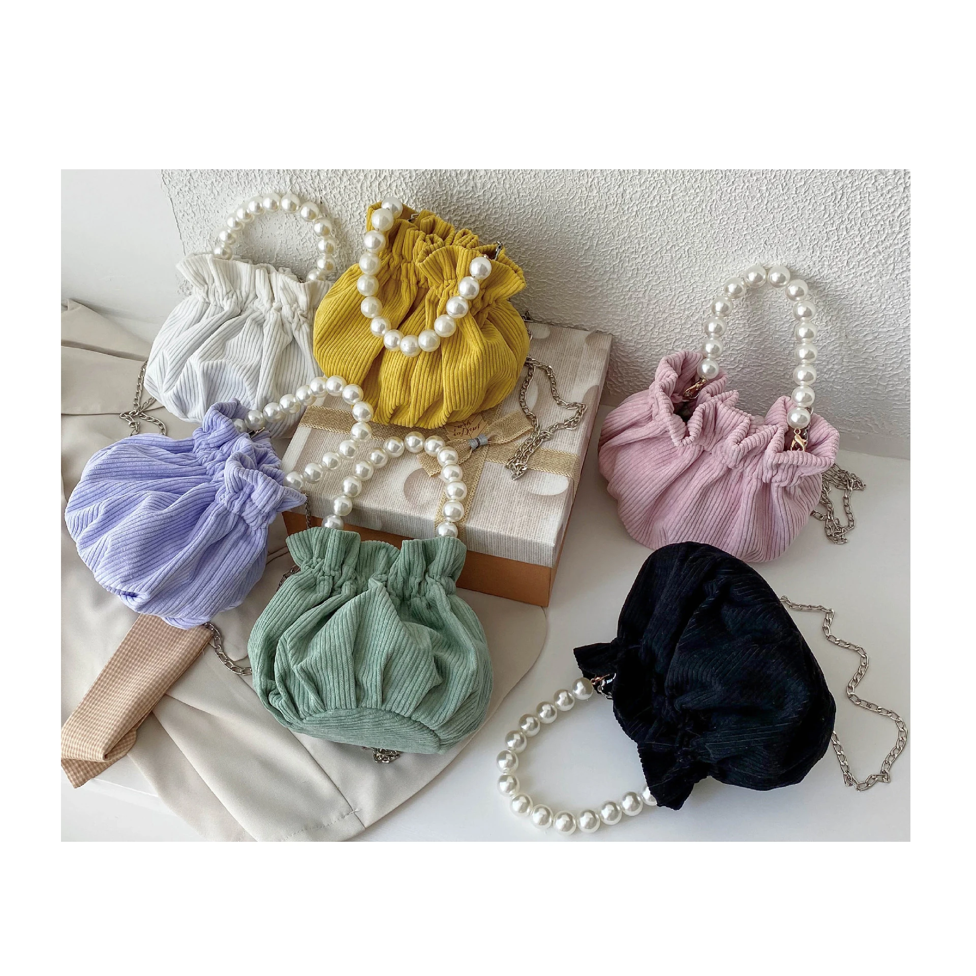 Wholesale ladies trend pearl handle crossbody chain purse women corduroy shoulder bag girls side bags mini cute handbag