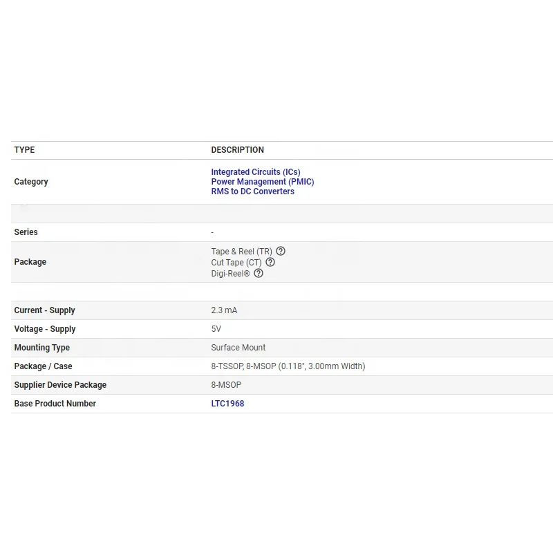 LTC1968CMS8#TRPBF  New Original In Stock  Integrated Circuits (ICs) Power Management (PMIC) RMS to  Converters  CONVERTER 8MSOP