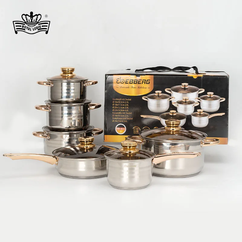 Royal Louis stainless steel cooking set 12-piece pot golden handle tawny glass lid stockpot kitchenware