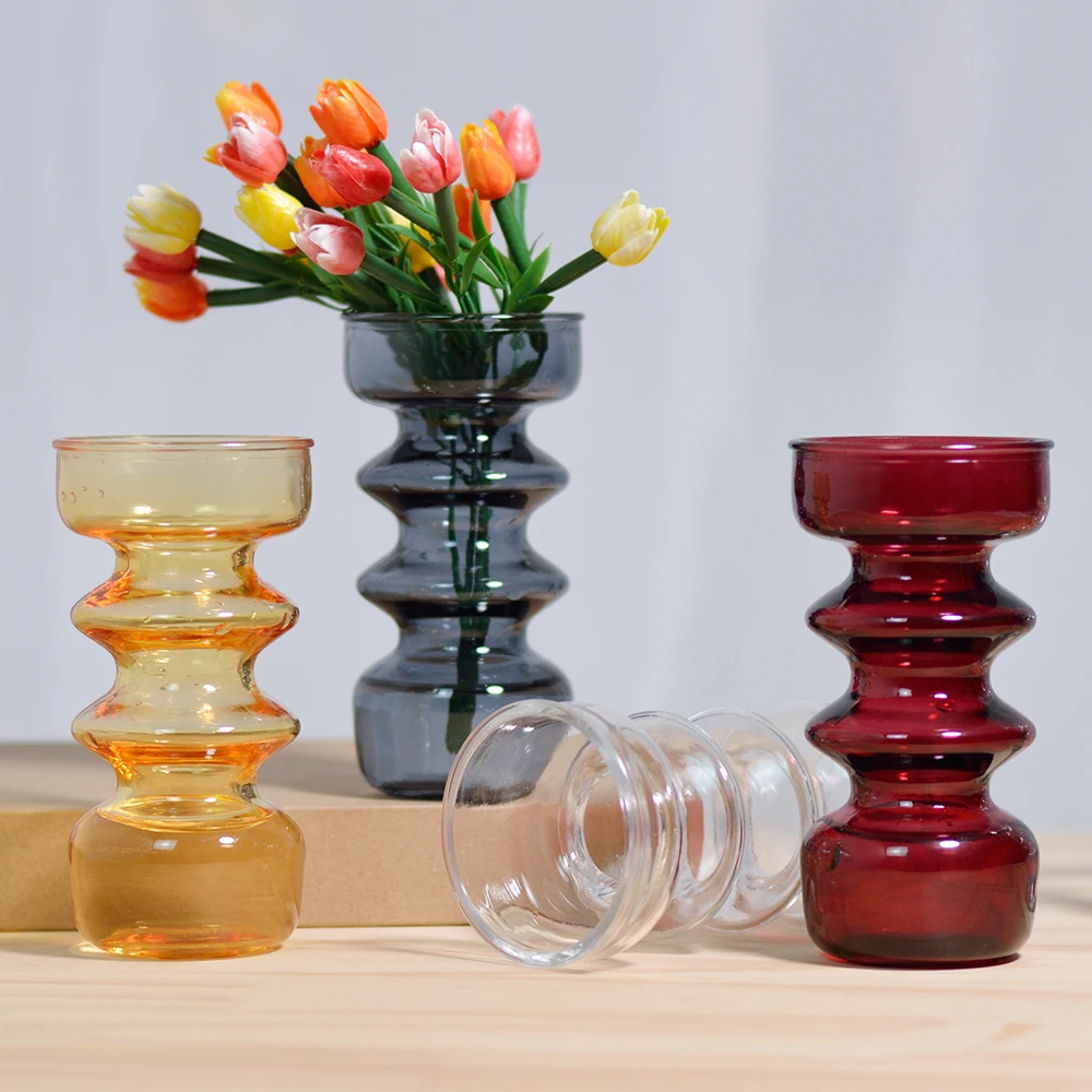Hot Sale Table Vase Wholesale Colorful Transparent Glass Bud Vase Hydroponic Cute  Glass Flower Vases for Art Decor