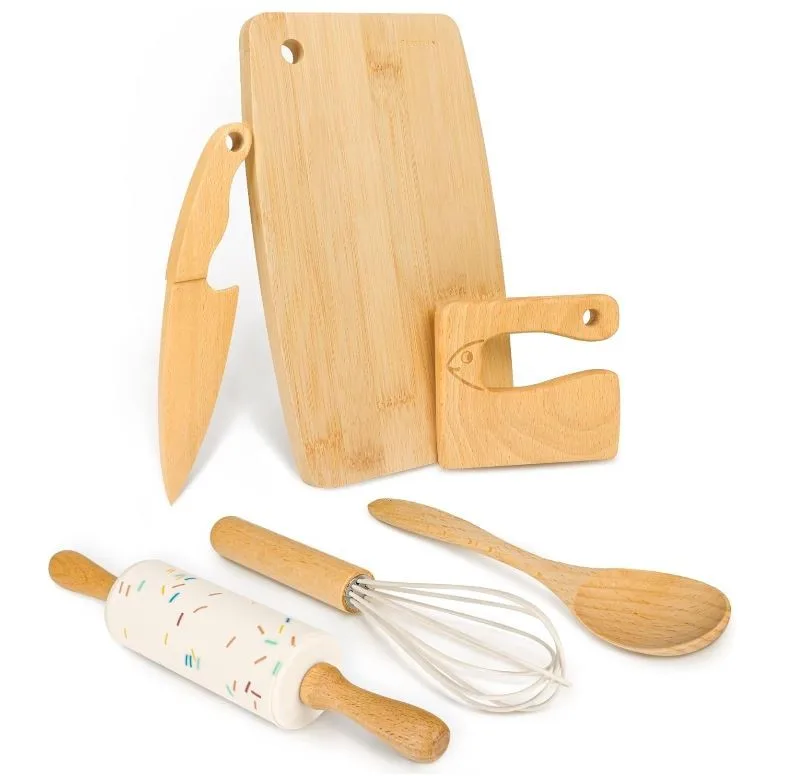 Wooden Kids Safe Knife Baking Set for Real Cooking, 6 PCS Toddler Montessori Kitchen Tools, Cooking Little Chefs