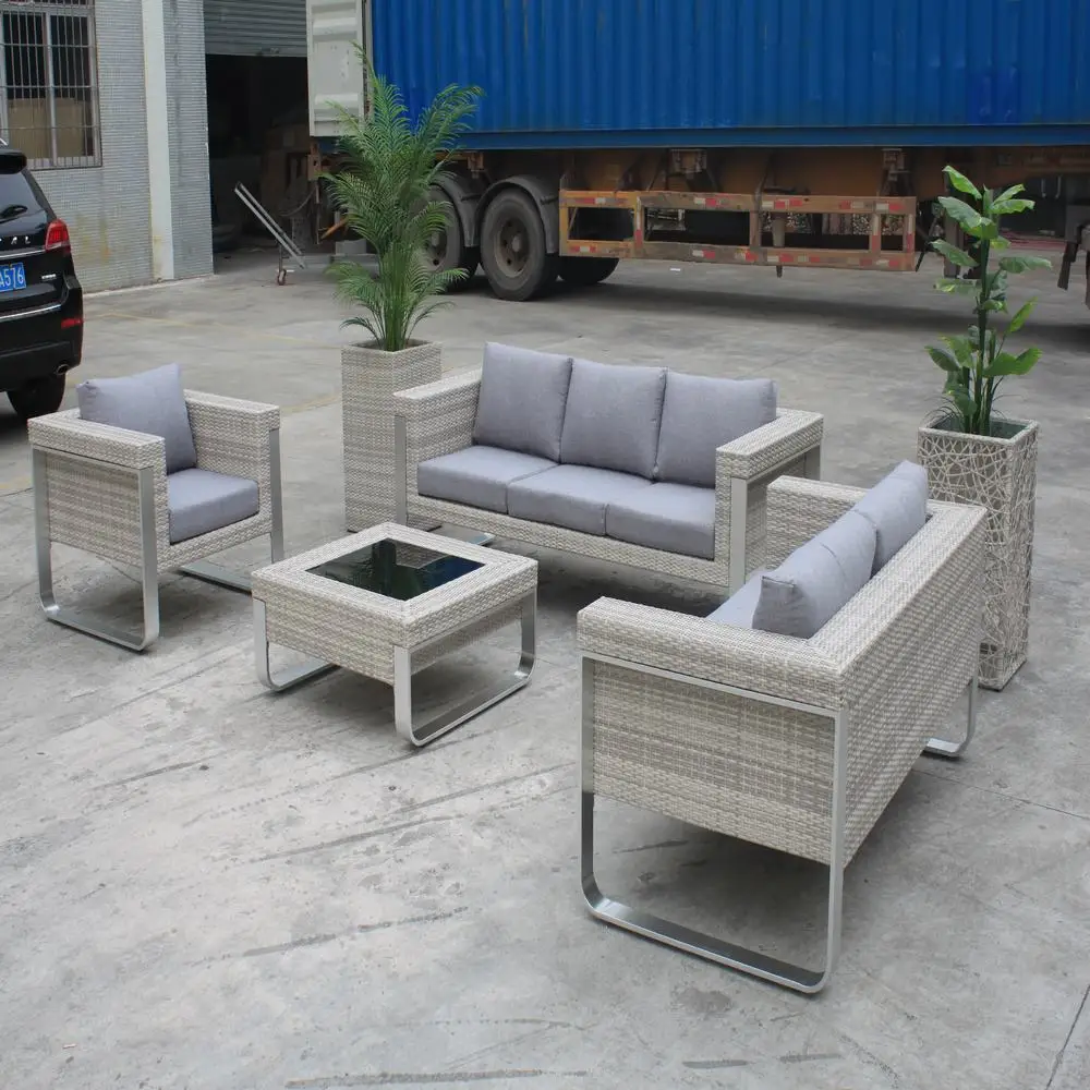 Luxury aluminum PE rattan outdoor furniture patio villa garden sofa lounge with brushed aluminum legs