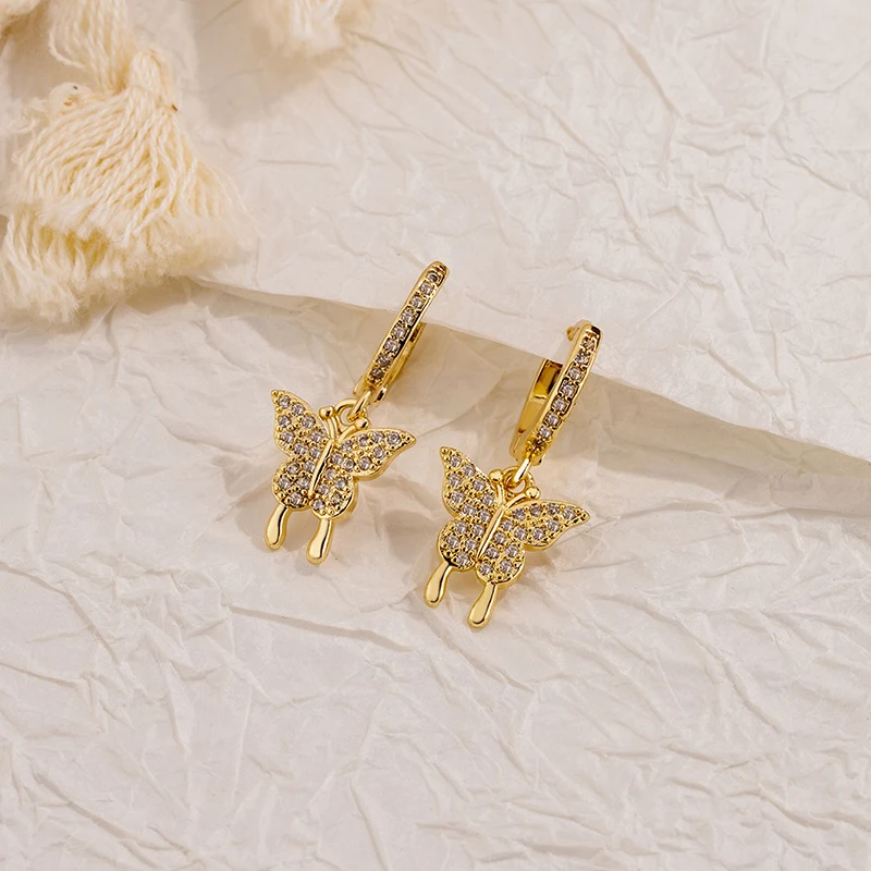 14 K Gold Plated Hot Sale  Jewelry Earrings Cute Cubic Zirconia Butterfly Charm Small Hoop Earrings for Women Girl