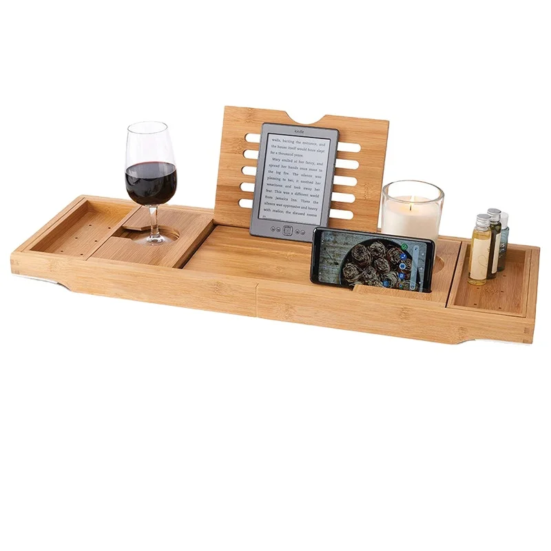 Factory Wholesale Bamboo Bathtub Caddy with Extending Sides Expandable Shower Bath Tub Tray Rack With Waterproof Cloth