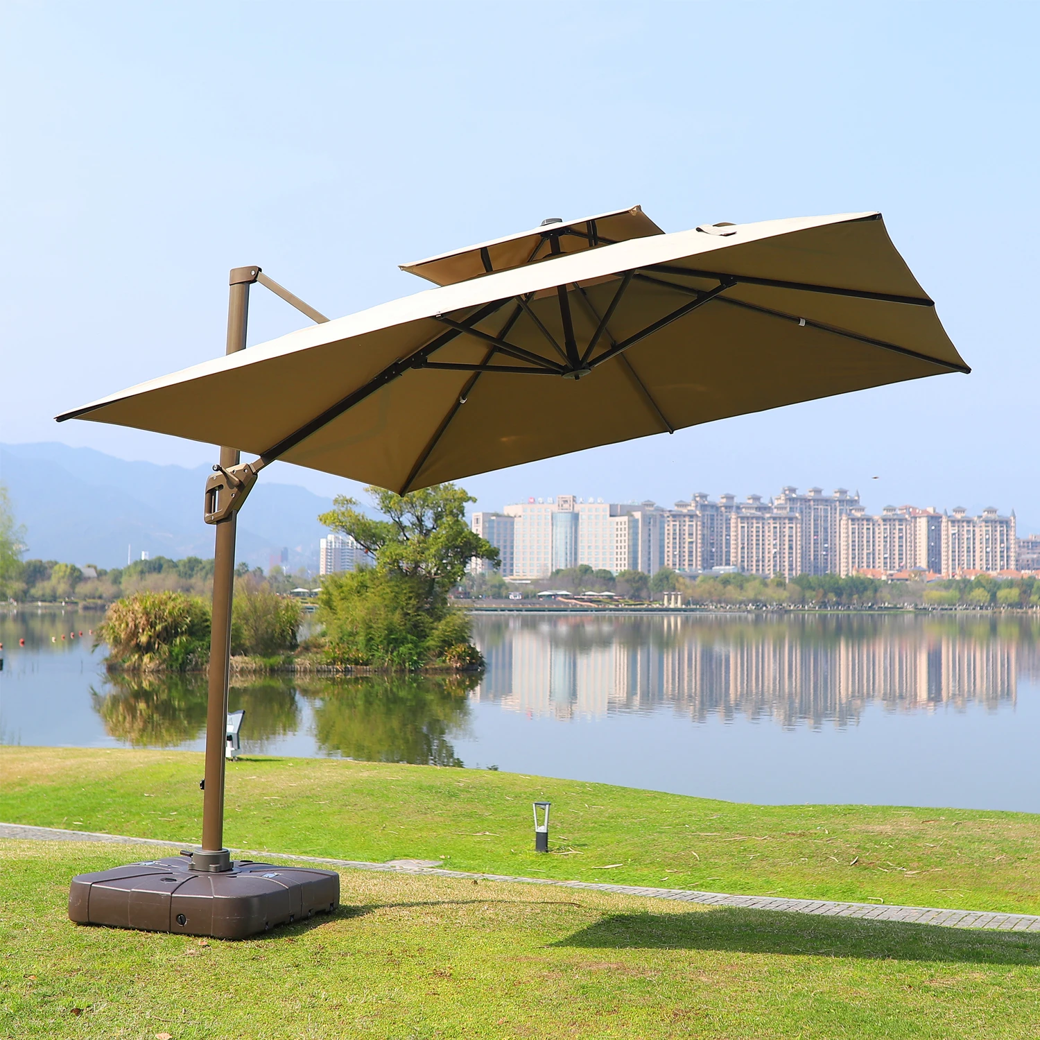 Uplion roma garden umbrella 3m*3m double roof Aluminium Square Hanging Umbrella Windproof Offset Large Cantilever
