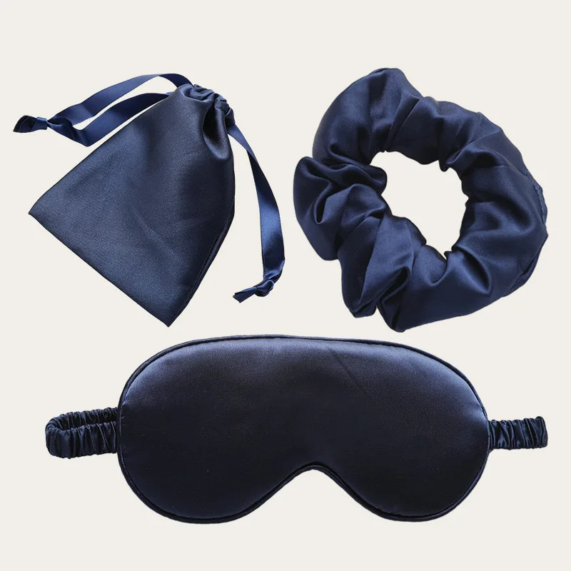 New Design Double Sided Satin Silk Eye Shade Eymask Satin Headband Wraps Silk Sleep Eye Mask Travel Eye Mask And Scrunchies Set