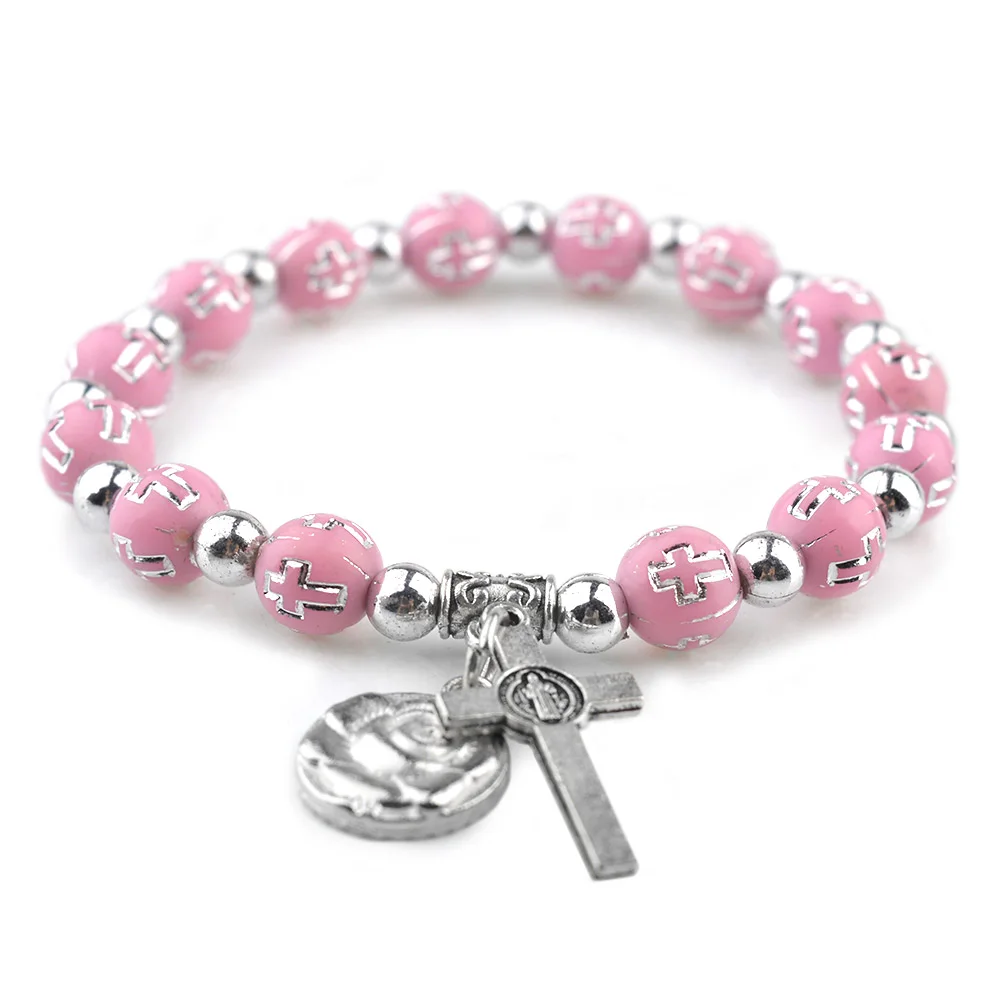 Multi-color Plastic Beads 8mm Cheap Cross Bracelets Strong  Elastic Rope Catholic Bracelets With Rose Medal