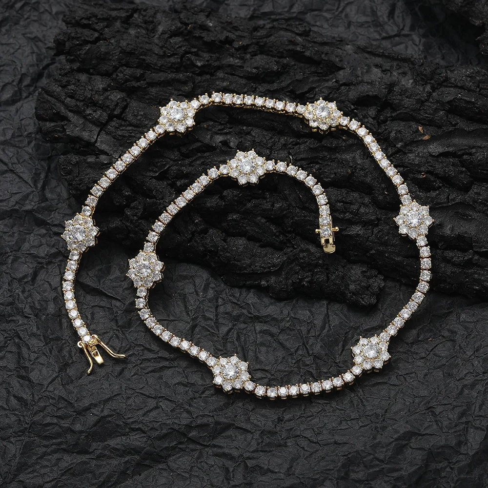 Womens Mens Necklaces 2022 New Fashion Jewelry Iced Out Clustered Diamond Floral Necklace 3mm Flower Tennis Chain for Women Men