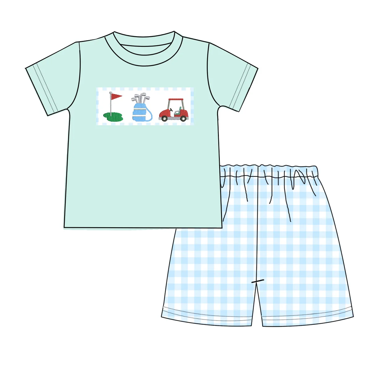Fashion boy clothes boutique summer outfits wholesale golf applique boys light blue gingham 2 pieces boy sets