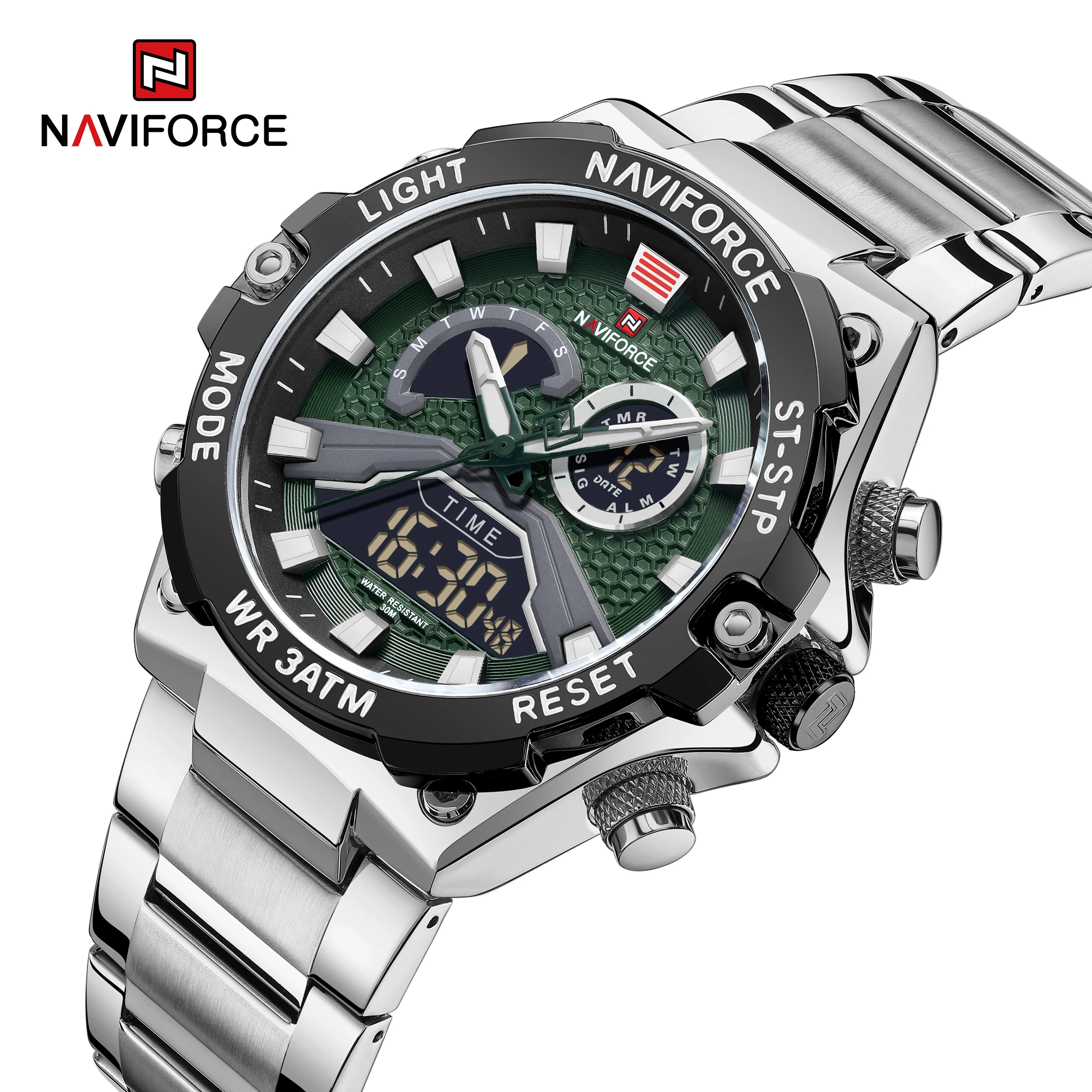 NAVIFORCE NF9207 Waterproof Fashion Sports Men Watch Top Brand Luxury Stainless Steel Chain Japan Quartz Digital Watch