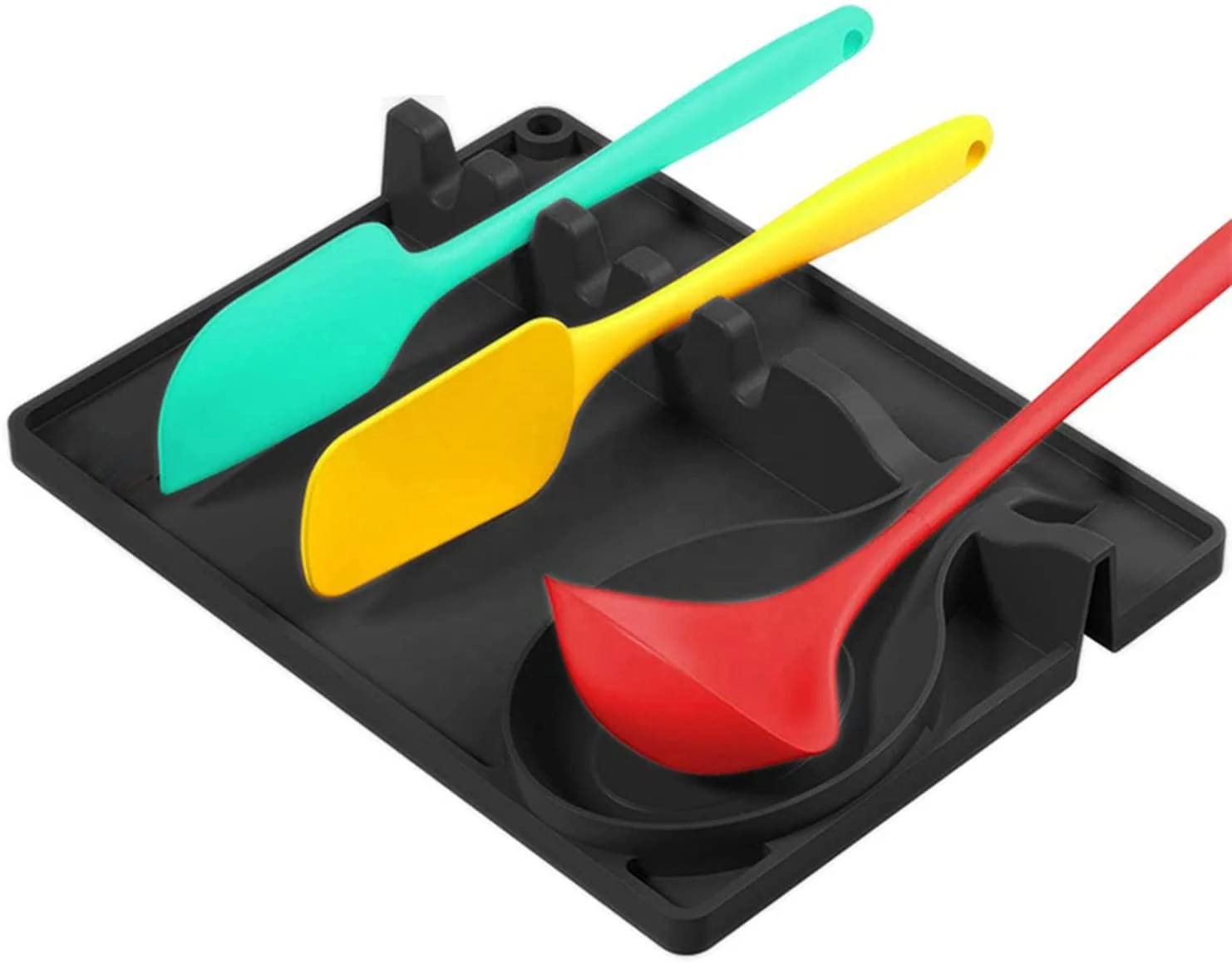 Utensil Rest with Drip Pad Spoon Rest 2 in 1 Larger Size Silicone Spoon Holder for Stove Top Hang Hole Design, Black