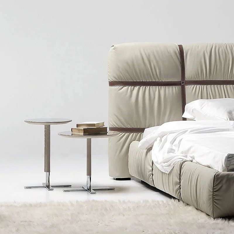 Italy high end luxury king size full grain cow leather leather soft bed with big high headboard