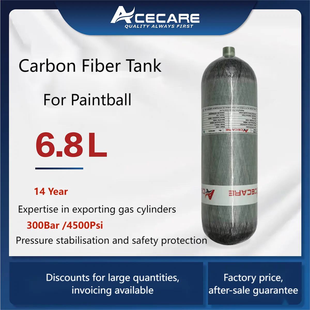 Acecare 6.8L CE 4500psi Hpa Tank And Composited Carbon Fiber Oxygen Cylinder for Scuba Rebreather