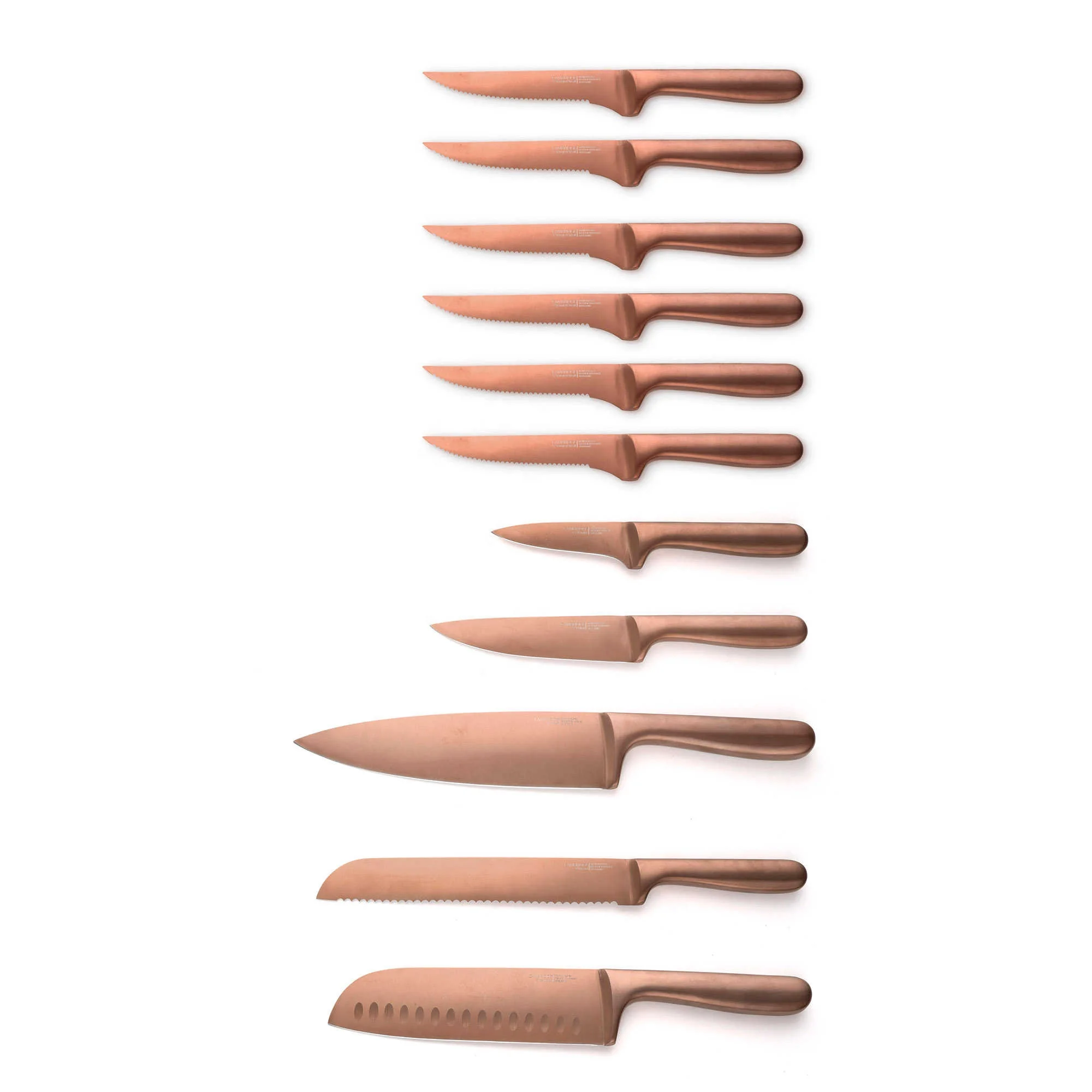 High Carbon Steel Blade 12 Piece Kitchen Cutlery Thriple Rivets Hollow Handle Copper PVD Coated Knife Block