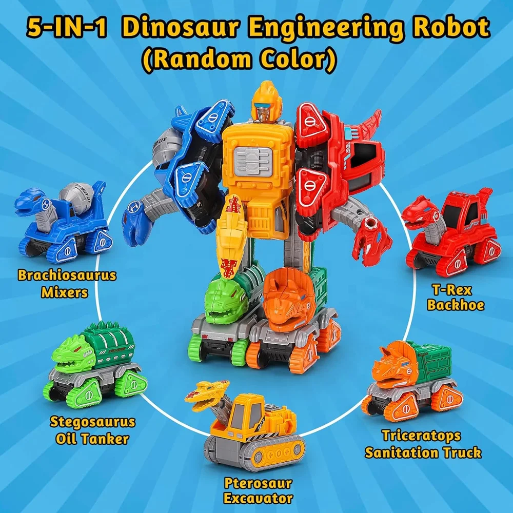 5 in 1 alloy deformation robot toy dinosaur engineering vehicle action figure construction transforming dino robot cars for kids