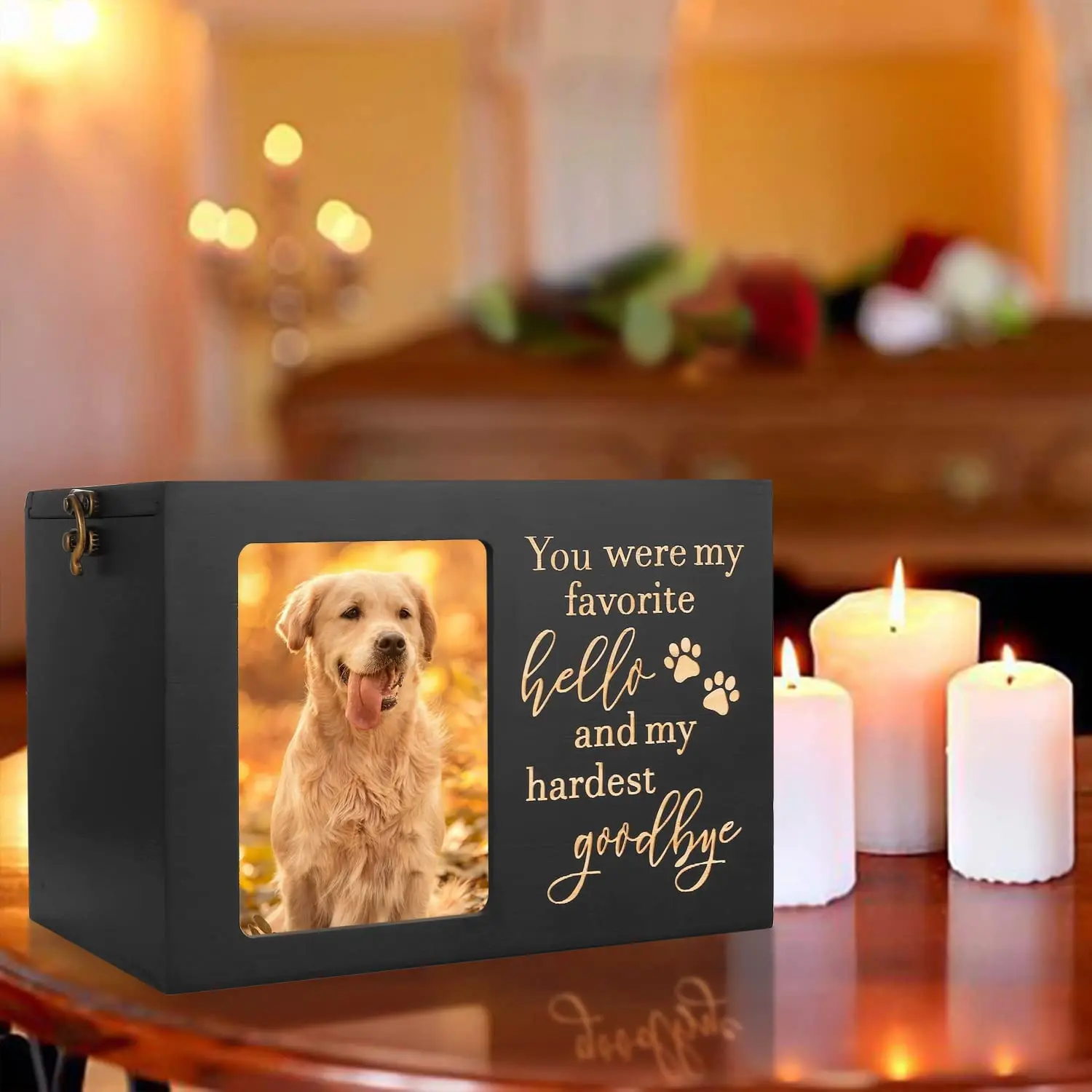 Pet Memorial Urns for Dog or Cat Ashes, Large Wooden Funeral Cremation Urns with Photo Frame, Memorial Keepsake Memory Box