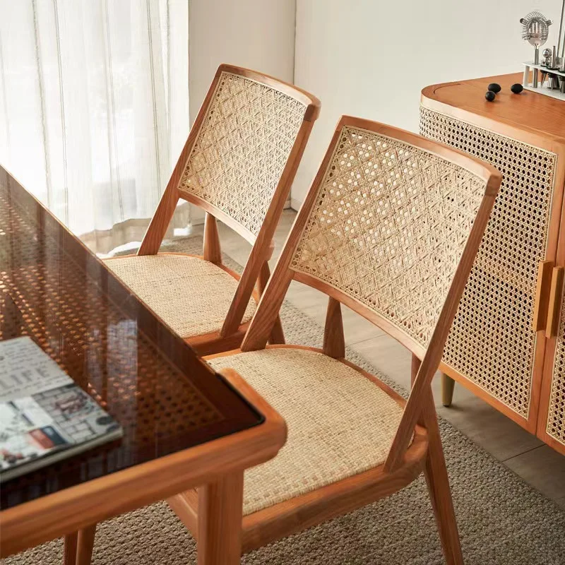 Household Restaurant Solid Wood Dining Table Chair Vine Weaving Leisure Restaurant Cafe BackrestCreative Single Dining Chair