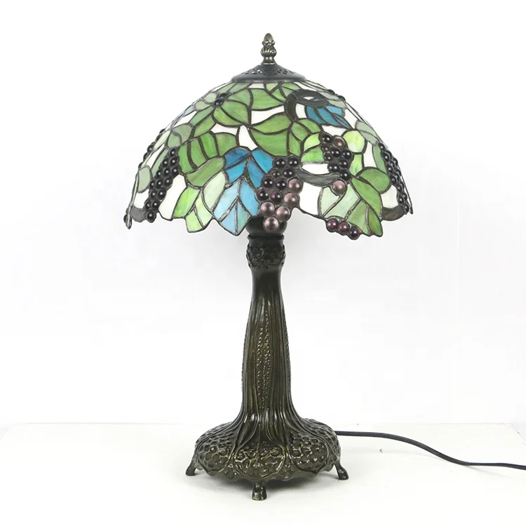 LongHuiJing 12Inch Grape Pattern Stained Glass Lampshade Desk Light European Handcrafted Glass Lamps With Zinc Alloy Base