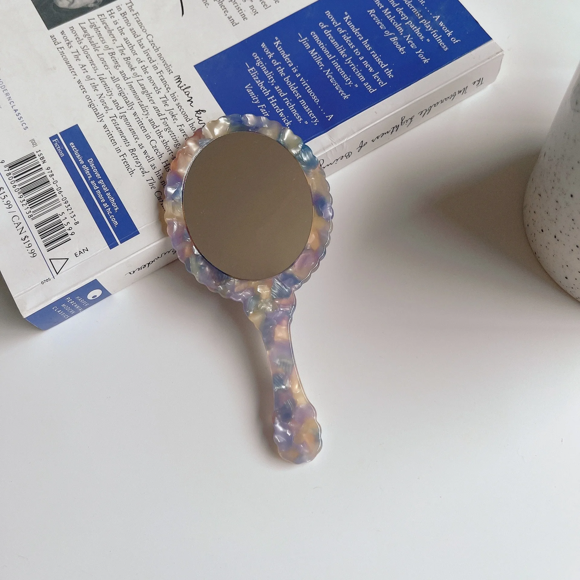 Custom Logo Round Acetate Pocket Hand Mirror Lovely Pink Marbling Color Acetate Cosmetic Handheld Mirror with Handle