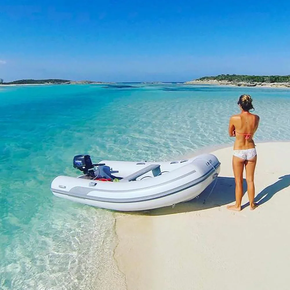 Durable PVC Hypalon Aluminum Floor Inflatable RIB Rescue Fishing Boats Pontoon Rowing Boat with Bimini Top and Ladder