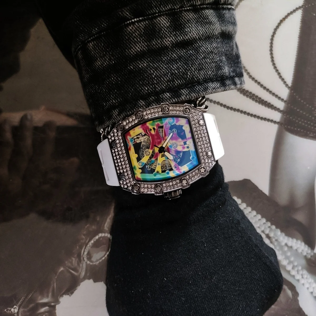 2024 New Hollow Out Colorful Diamond Luxury Watch barrel shaped 3D stereoscopic Richard Calendar Fashion Quartz  Watch for Men