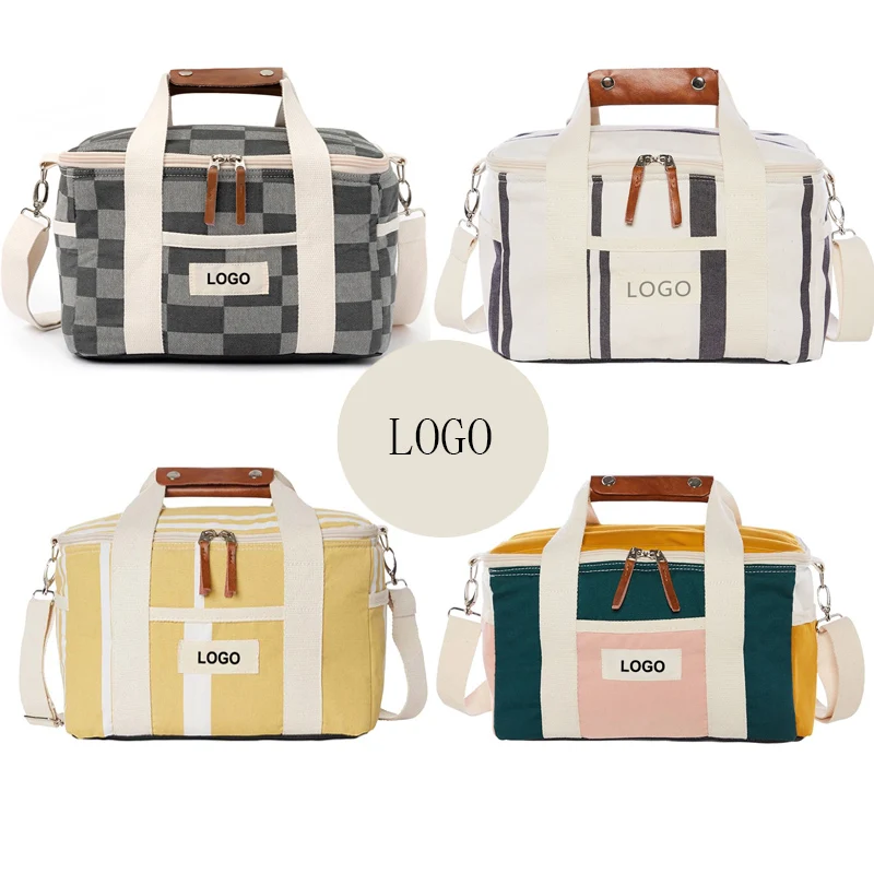 BR Customize Logo Vintage Premium Canvas Collapsible Picnic Travel Beach Cooler Bag, Recycled Insulated Wine Food Beer Cooler