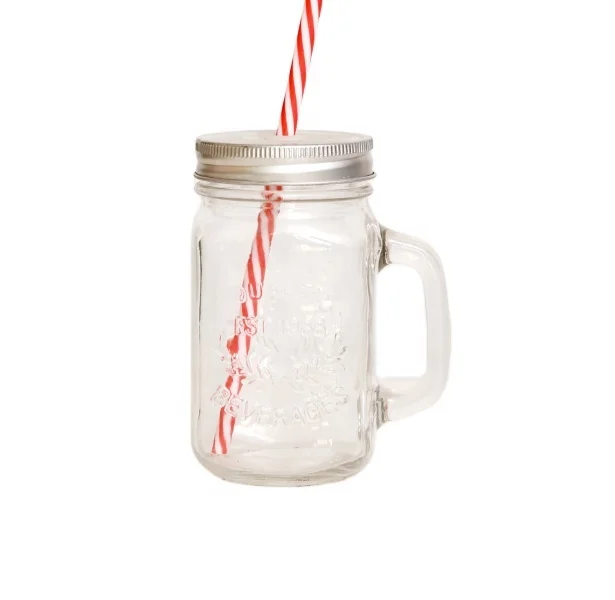 High Quality 16oz Colored  Glass Jar Mason Mug With Handle&Metal Lid For Drinking