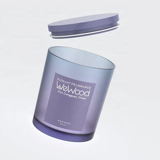 Purple Empty Scented Matte Candle Container Colored Frosted Wooden Lid Glass