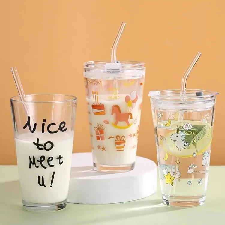 Hot on drinking glass with straw 480ml clear water cup round juice glass mug