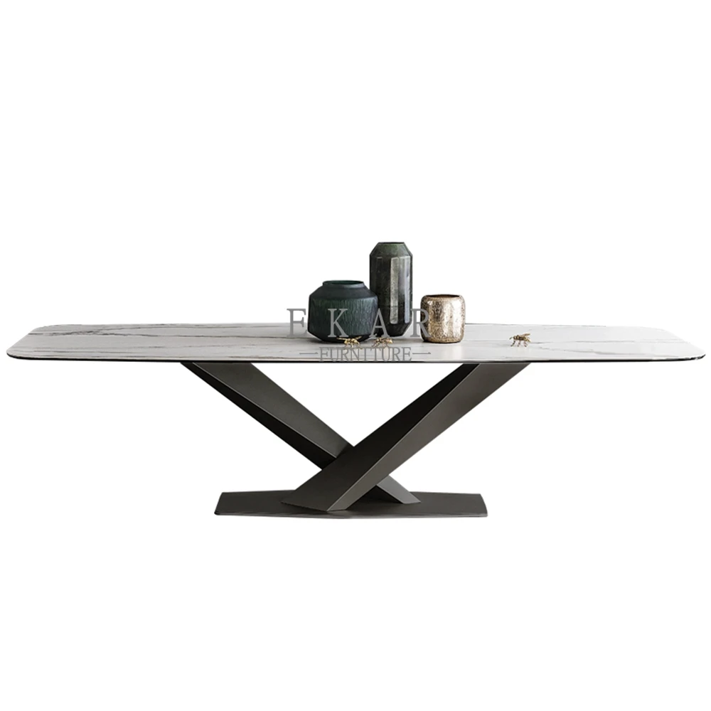 
brown marble long center side dinning table set 