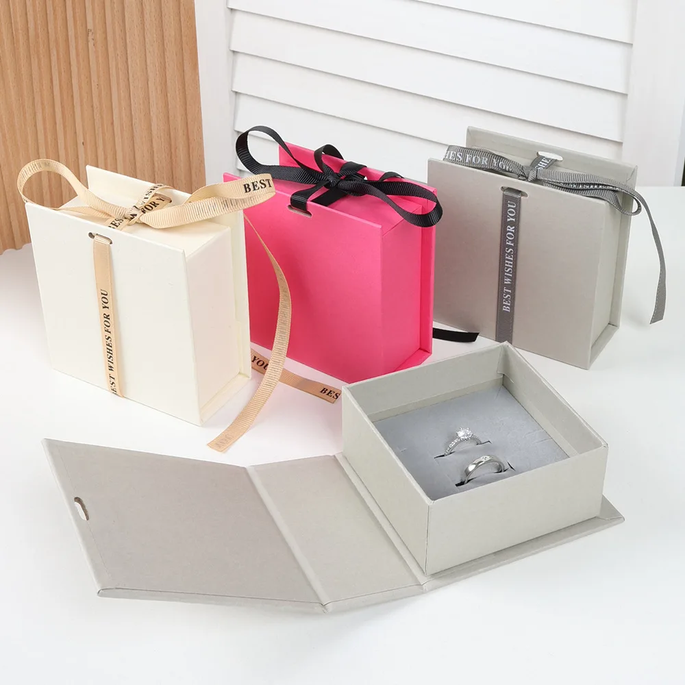 Moujiu Custom Eco Beige Book Shape Paper Luxury Jewelry Box with Ribbon Eco-Friendly Gift Packaging