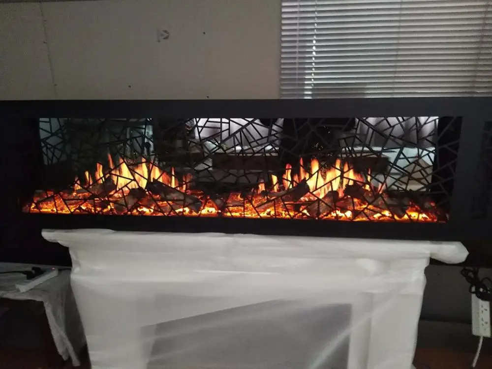 64 inch Amazing decorative video flame artificial crackling sound black caved panel wall inserted electric fireplace with heat