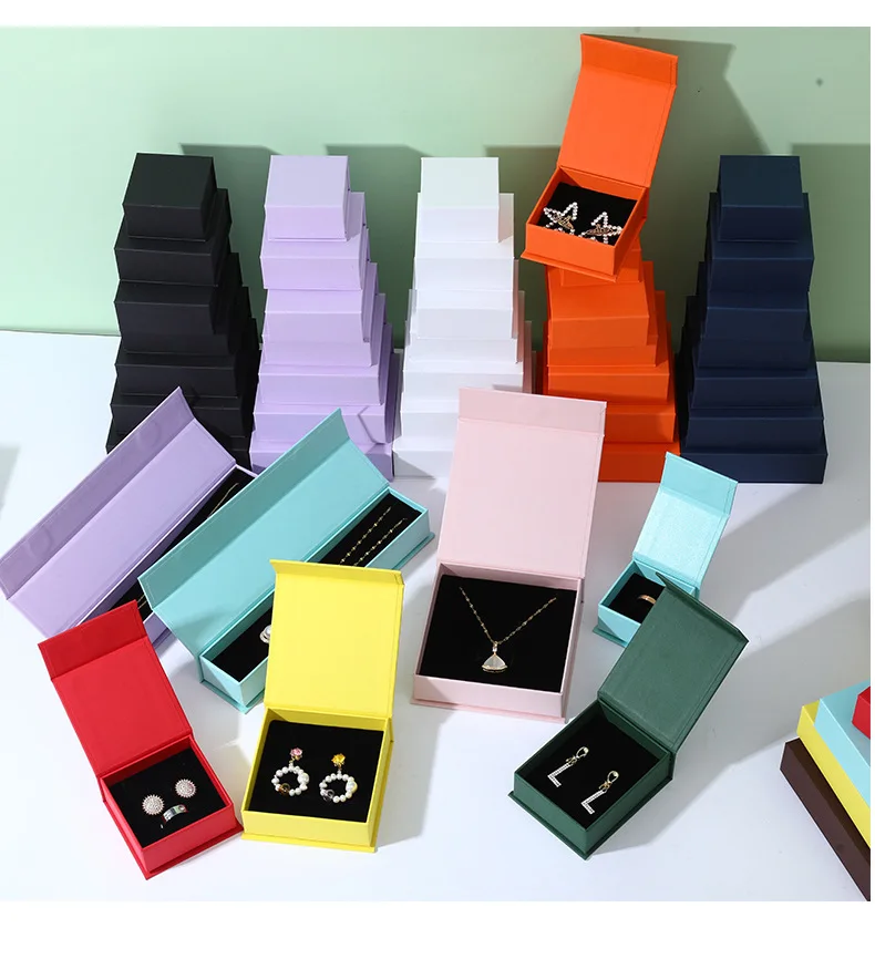 Custom Logo Paper Cardboard Jewelry Packaging Box Black Orange Necklace Earring Bracelet Ring Magnetic Jewelry Box