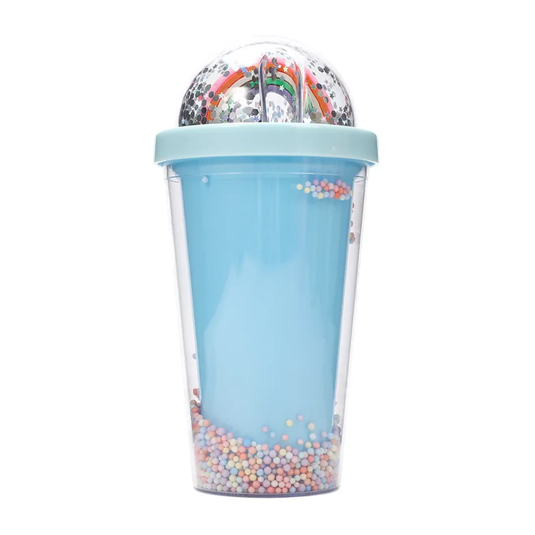 Creative Rainbow Micro Landscape Plastic Water Cup Fashion Women Straw Cup Double Layer Color Bead Cold Drink Cup
