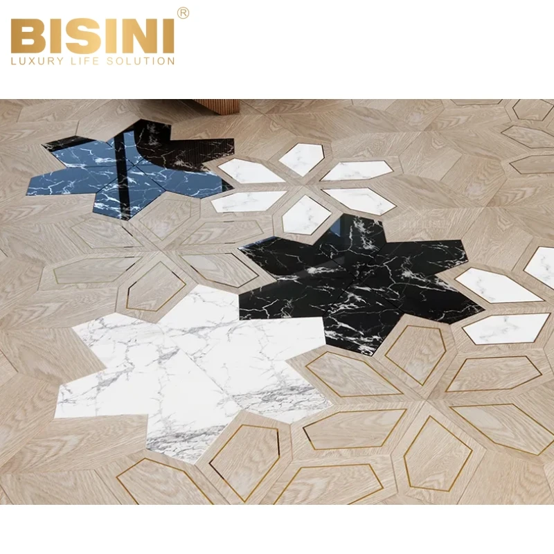 Luxury Italian Style Villa Oak Copper Strip Black White Marble Inlaid Flower Special-shape Parquet Engineered Wood Flooring