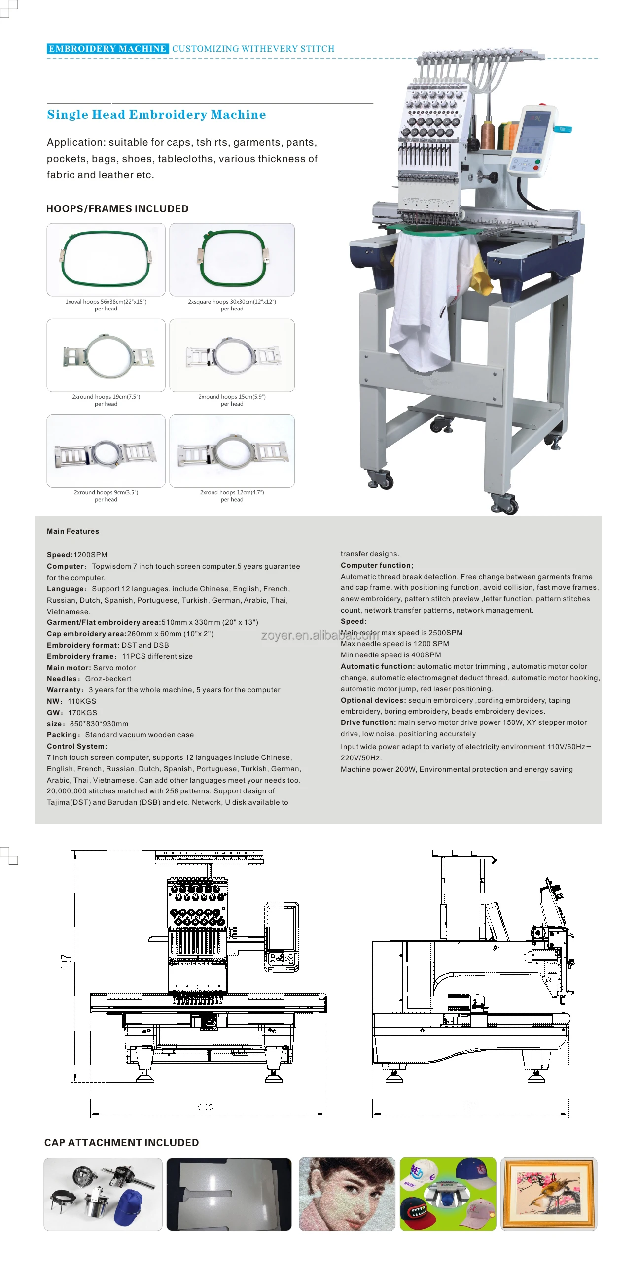 ZOYER Single Head Cap Machine fabric machine beads embroidery beaded lace fabric