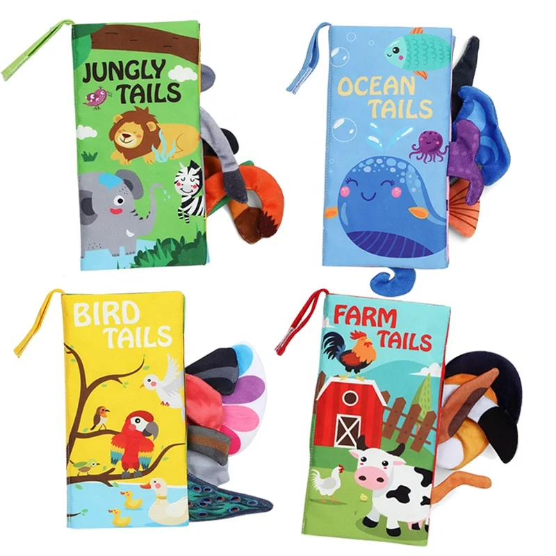 Soft baby books washable touch and feel Jungle animal tail baby cloth book for kids educational