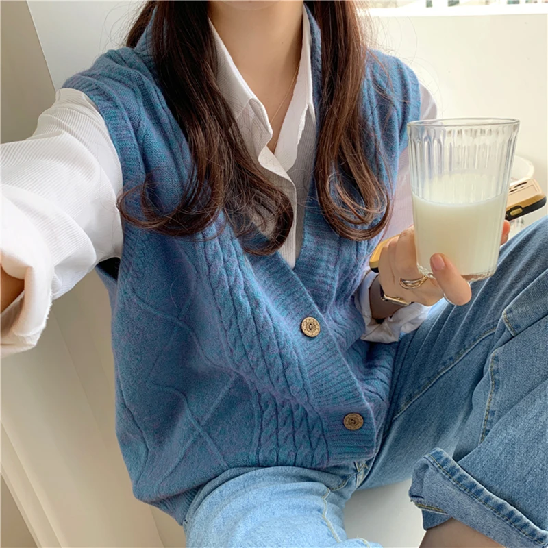 Wholesale Spring Autumn Vest Sweaters for Women Korean Loose Sleeveless V-neck Knitted Vests Cardigans Female Casual Outwear