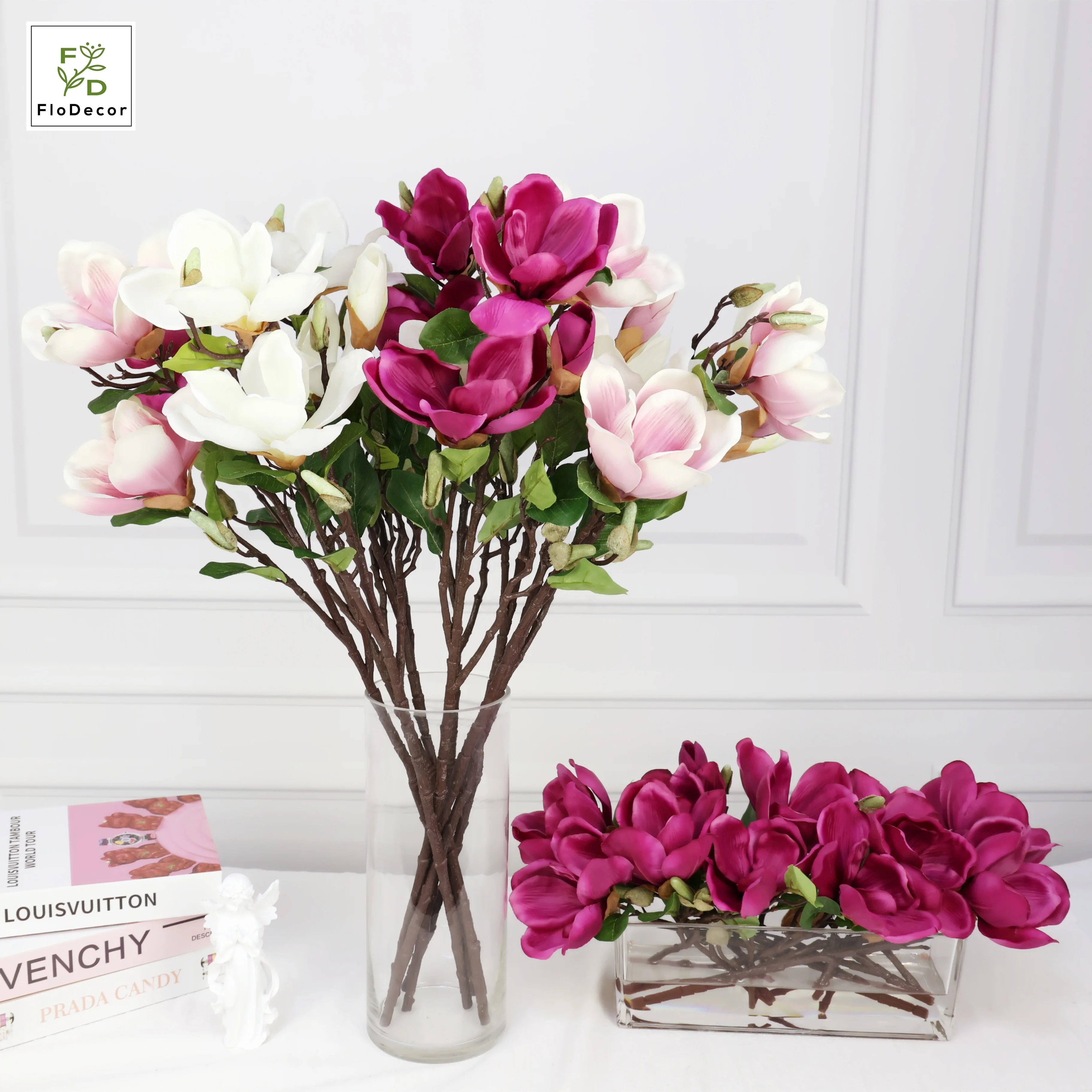 High Quality 3 Heads Artificial Magnolia Flowers Silk Realistic Large White Home Decoration Table Center Piece Wedding