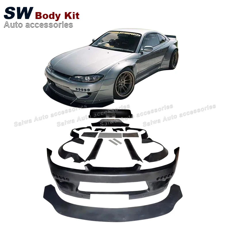 RB style fiberglass wide body kit bumper lip splitter diffuser spoiler fenders wheel arches for Nissan SILVIA S15 1999-2002