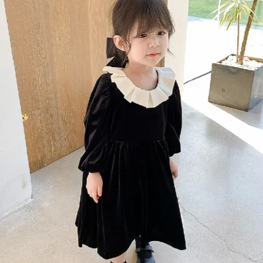 
3-8T Online Beautiful Vintage Princess Velvet Black Baby Long Sleeve Dress for Winter and Fall Girl Dress With Ruffle Lace 