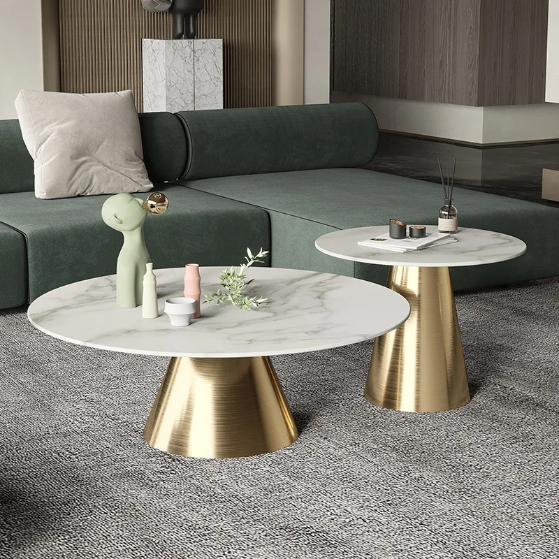 Simple Luxury Black Gold Metal Glass Marble Stone  Wood Round End Table Side Nest Set of 2 Nesting Coffee Table