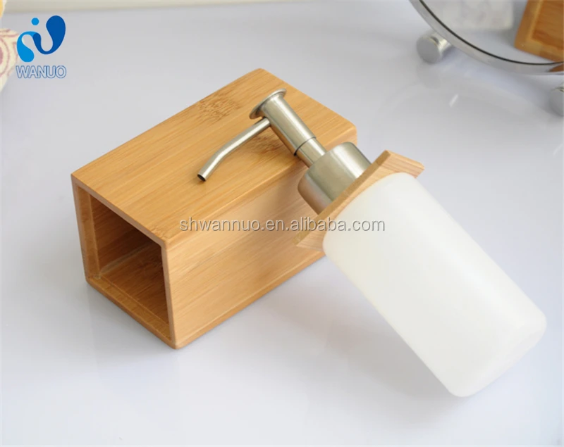 WanuoCraft Natural Wooden Square Bamboo Soap and Lotion Pump Dispenser for Kitchen or Bathroom Countertops